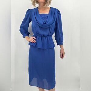 1980s Sheer Chiffon Dress Women's S Blue Cowl Neck Peplum Secretary Embroidery
